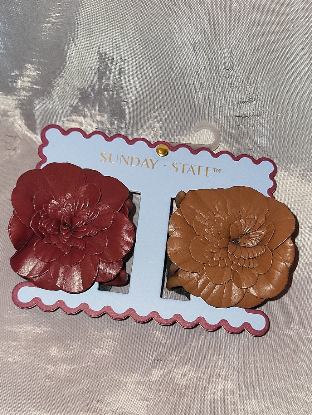 Leather Like Flower Hair Clips - Cranberry Red & Tan Ls M